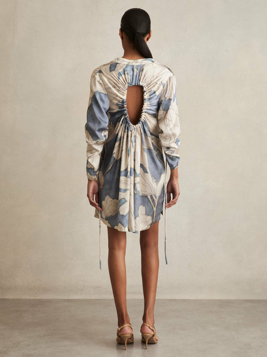 Floral Print Gathered Cut Out Shirt Dress in Blue | Reiss Women Signature