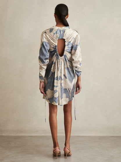 Floral Print Gathered Cut Out Shirt Dress in Blue | Reiss Women Signature