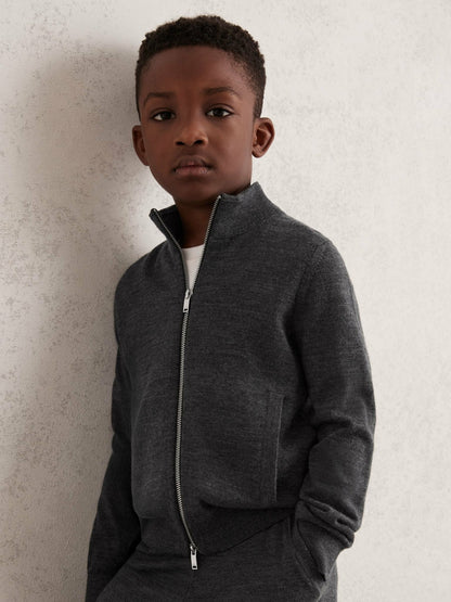 13-14 yrs Merino Wool-Blend Zip-Through Cardigan in Derby Grey Melange | Reiss Children & Baby Trending