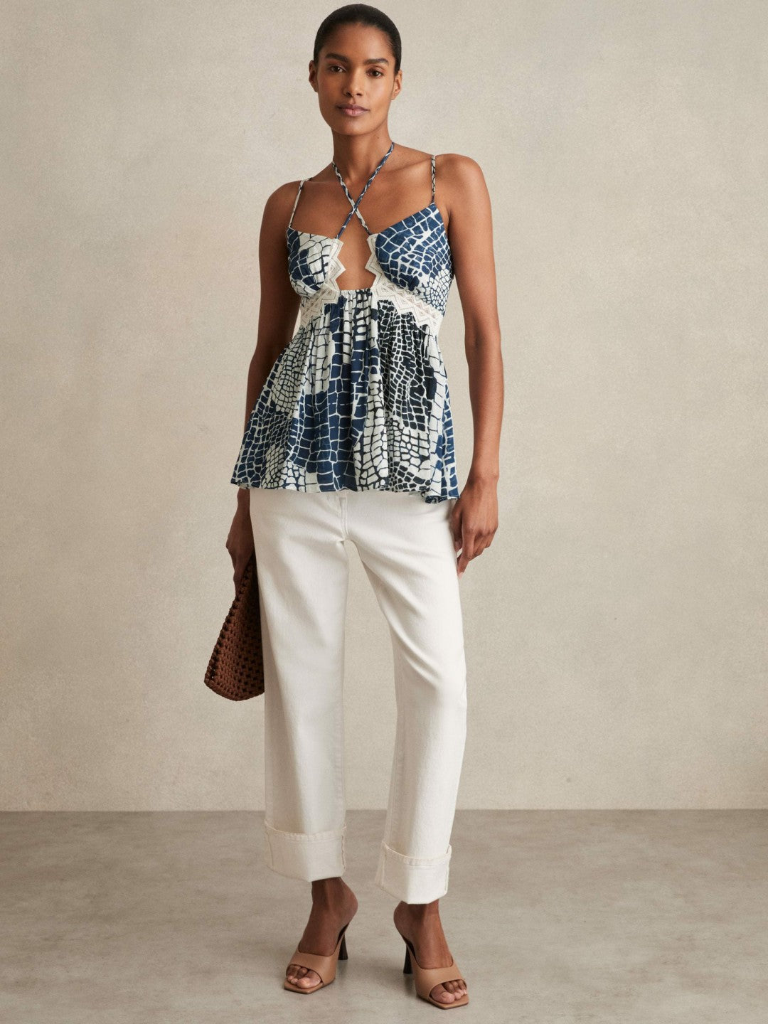 Animal Print Lace Trim Cami Top in Blue | Reiss Women Signature