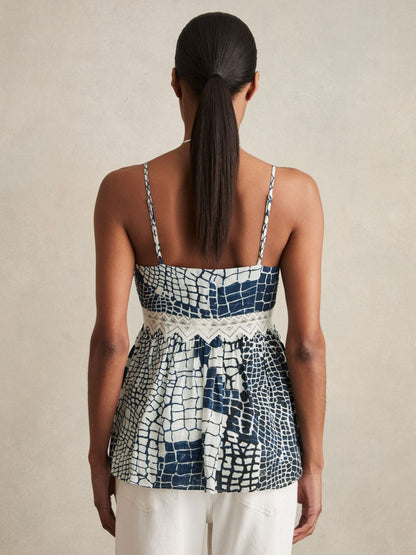 Animal Print Lace Trim Cami Top in Blue | Reiss Women Signature