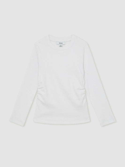 13-14 yrs Cotton Ruched Long-Sleeve T-Shirt with Stretch in Ivory | Reiss Children & Baby Trending