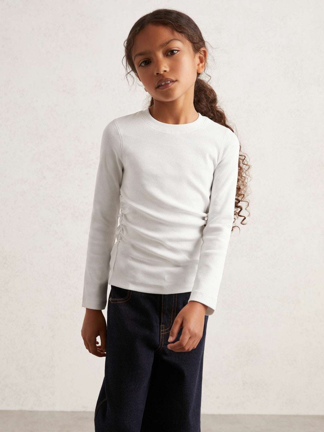 13-14 yrs Cotton Ruched Long-Sleeve T-Shirt with Stretch in Ivory | Reiss Children & Baby Trending