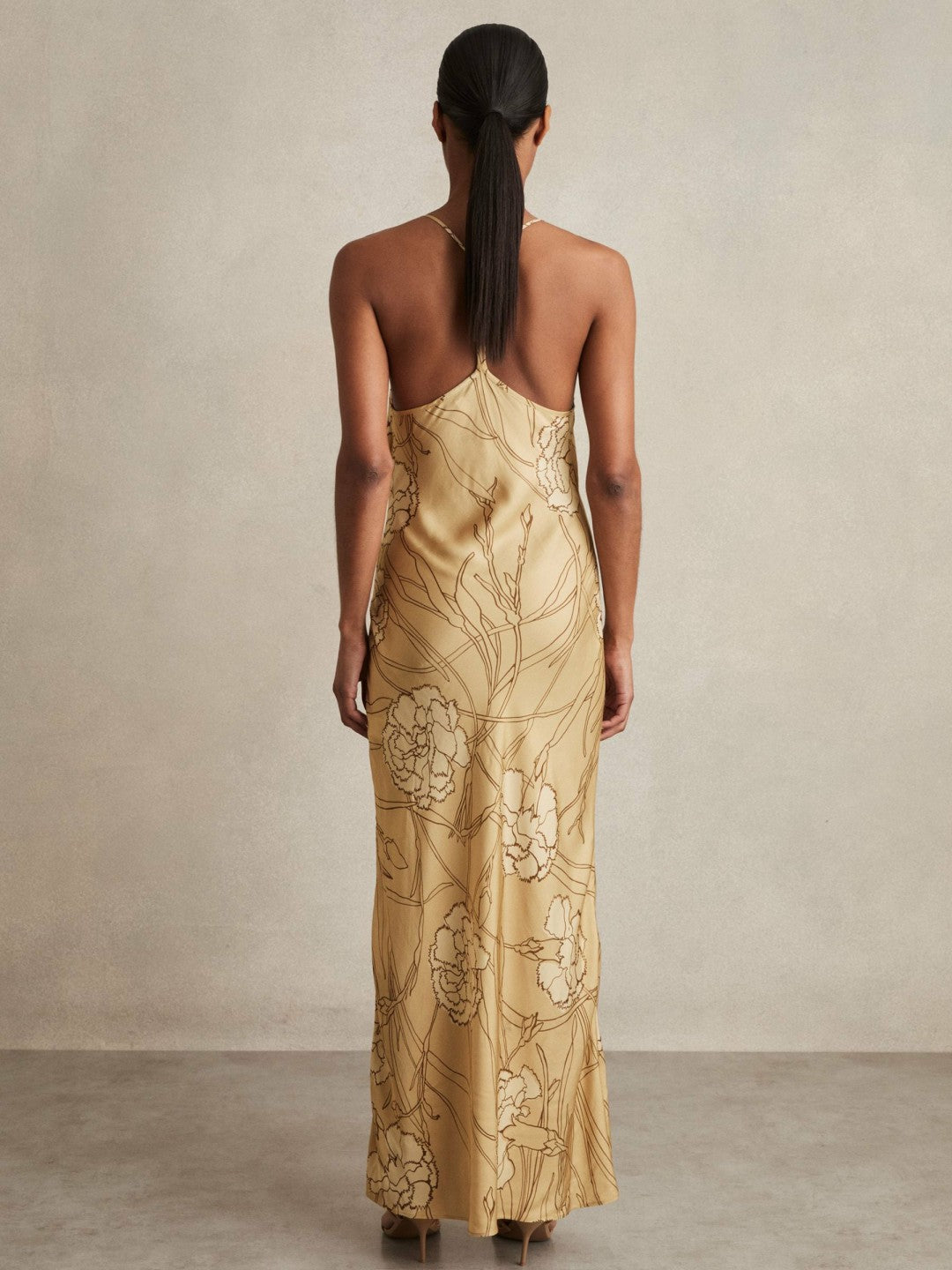 Satin Floral-Print Slip Maxi Dress in Gold | Reiss Women Premium