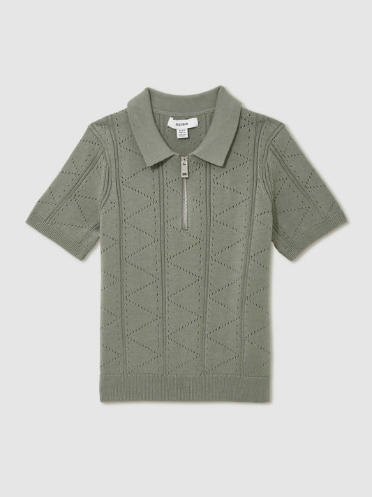 13-14 yrs Half-Zip Pointelle Polo Shirt in Sage | Reiss Children & Baby New