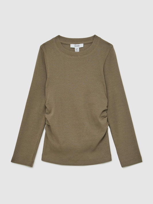 13-14 yrs Cotton Ruched Long-Sleeve T-Shirt with Stretch in Khaki | Reiss Children & Baby Popular