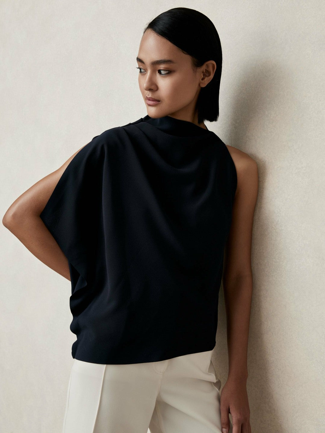 One-Shoulder Draped Top in Navy | Reiss Women Recommended