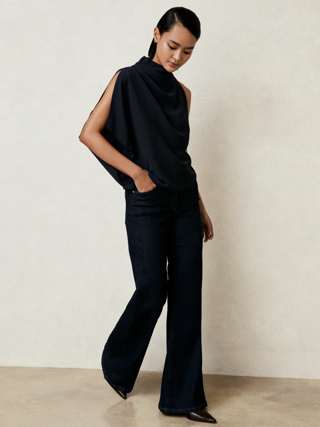 One-Shoulder Draped Top in Navy | Reiss Women Recommended