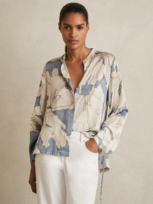 Floral Print Gathered Cut Out Shirt in Blue | Reiss Women Exclusive