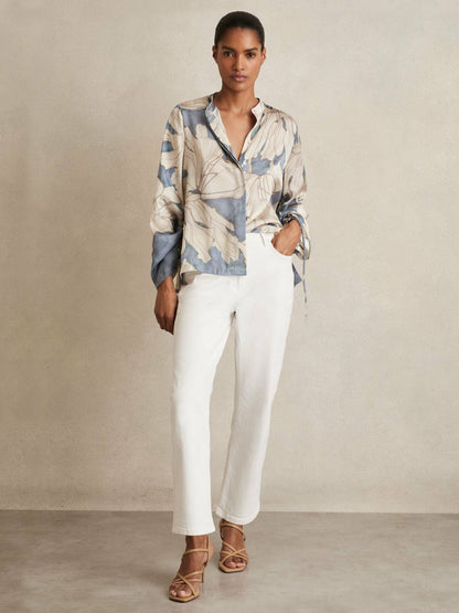 Floral Print Gathered Cut Out Shirt in Blue | Reiss Women Exclusive