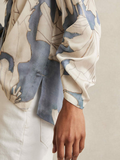Floral Print Gathered Cut Out Shirt in Blue | Reiss Women Exclusive