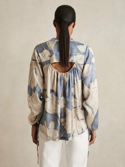Floral Print Gathered Cut Out Shirt in Blue | Reiss Women Exclusive