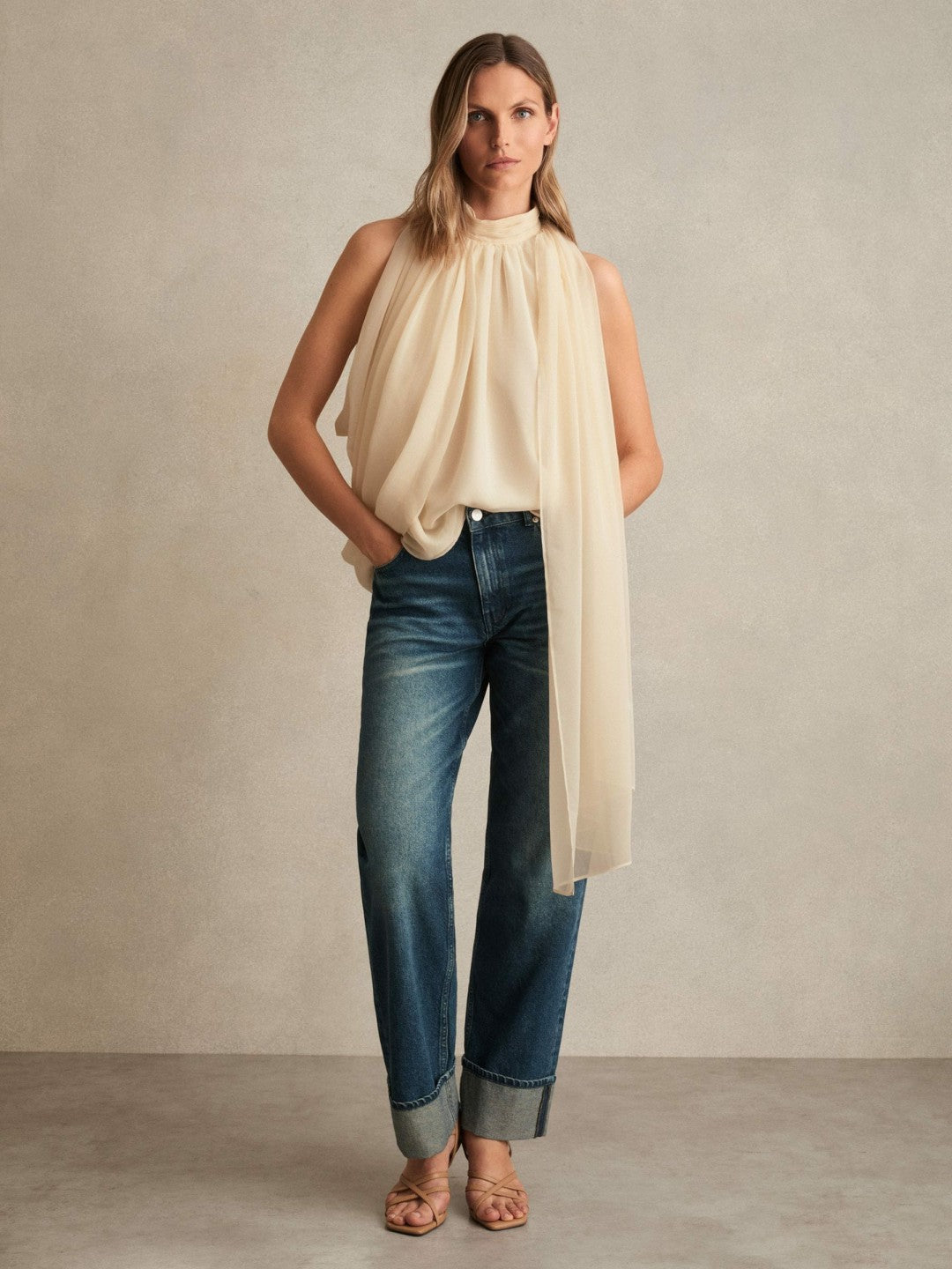 Draped Chiffon Sleeveless Top in Ivory | Reiss Women Featured