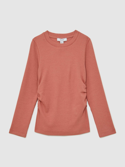 13-14 yrs Cotton Ruched Long-Sleeve T-Shirt with Stretch in Rose | Reiss Children & Baby Signature