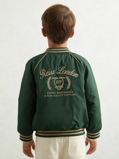 9-13 yrs Motor Cars Embroidered Bomber Jacket in Forest Green/Off White | Reiss Children & Baby Signature