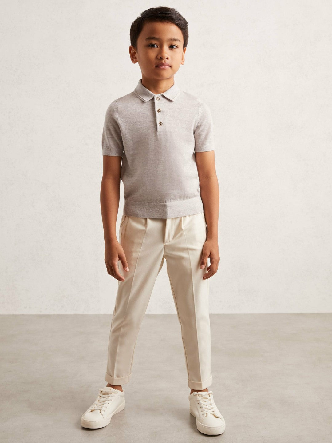 9-13 yrs Merino Wool Short Sleeve Polo Shirt in Wicker Melange | Reiss Children & Baby Signature