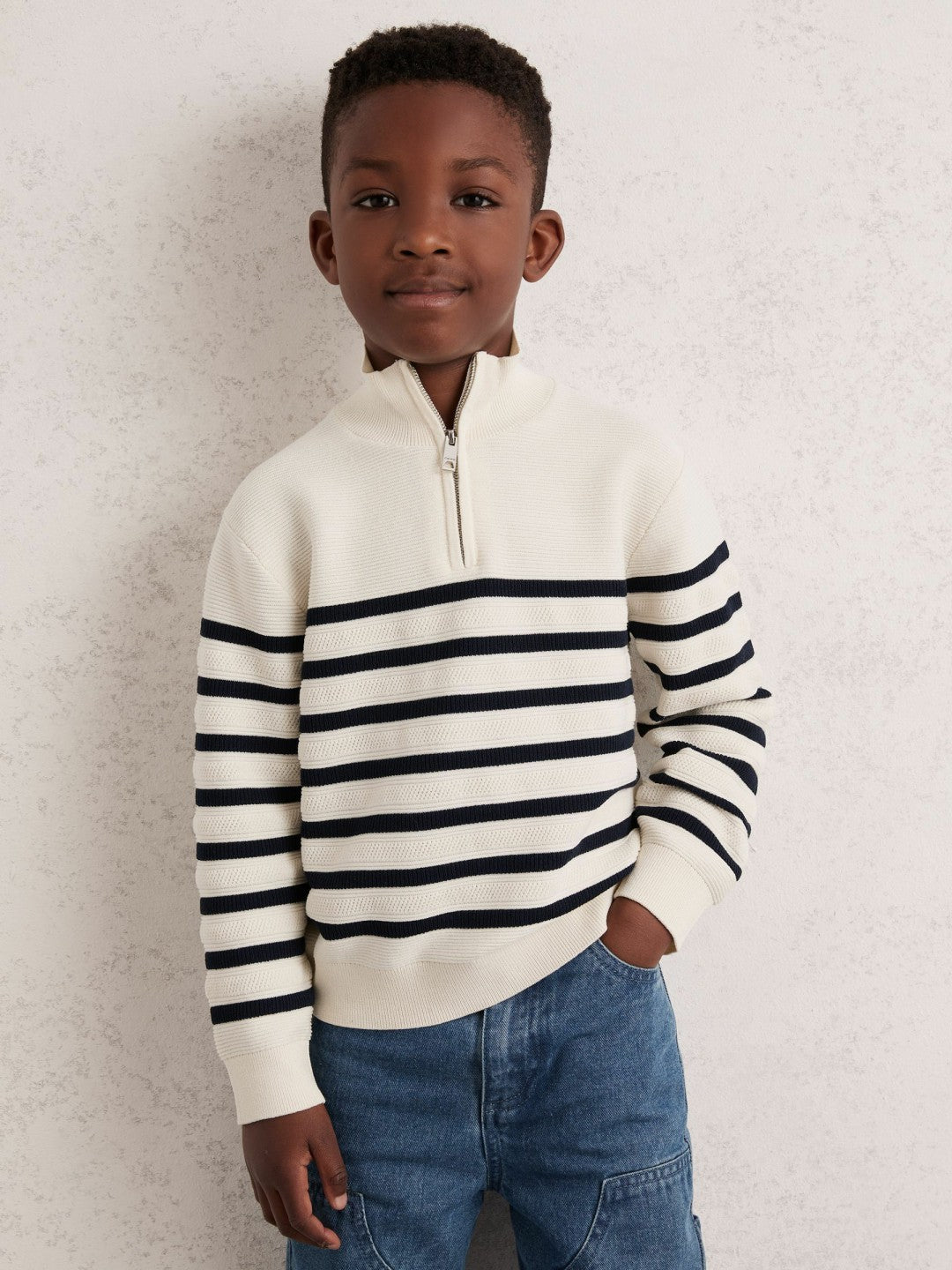 13-14 yrs Cotton-Blend Stripe Half-Zip Jumper in White | Reiss Children & Baby Premium