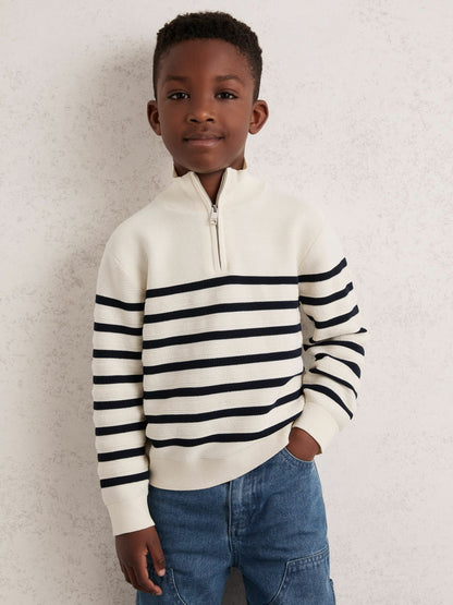 13-14 yrs Cotton-Blend Stripe Half-Zip Jumper in White | Reiss Children & Baby Premium