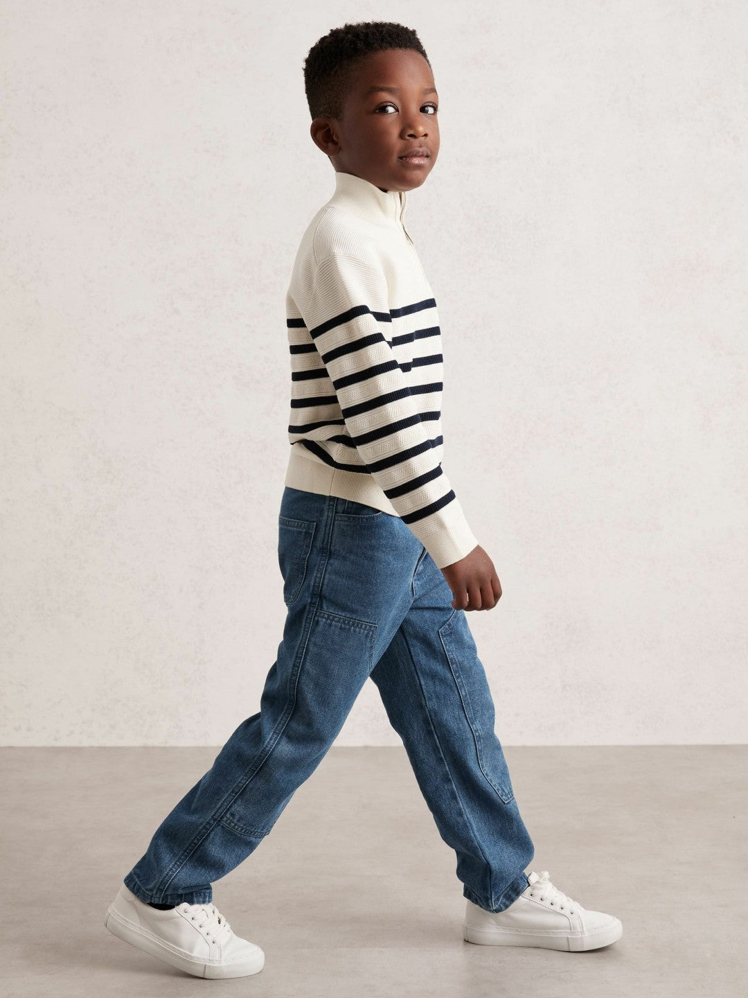 13-14 yrs Cotton-Blend Stripe Half-Zip Jumper in White | Reiss Children & Baby Premium