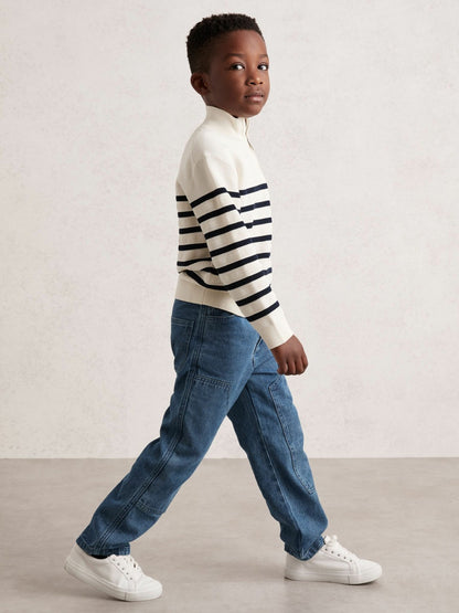 13-14 yrs Cotton-Blend Stripe Half-Zip Jumper in White | Reiss Children & Baby Premium