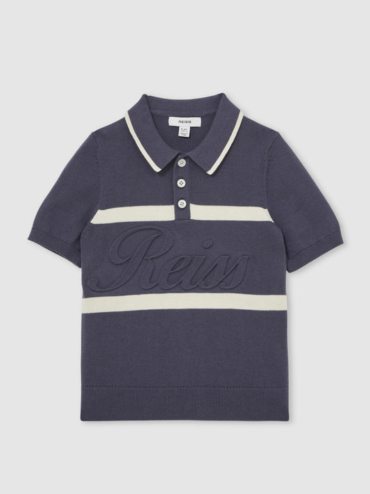 13-14 yrs Cotton Logo-Embossed Knit Polo Shirt in Indigo Blue/White | Reiss Children & Baby Premium