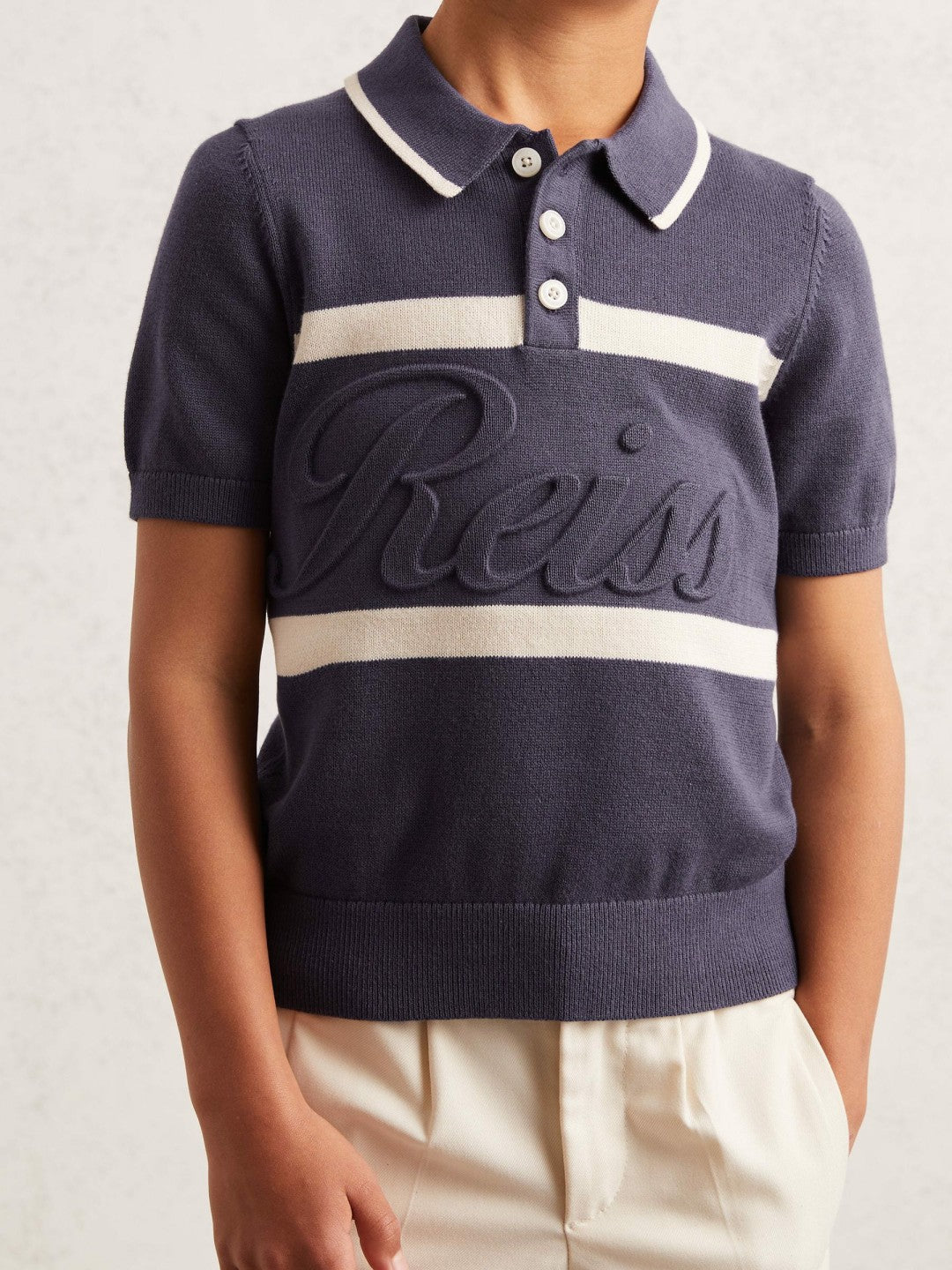13-14 yrs Cotton Logo-Embossed Knit Polo Shirt in Indigo Blue/White | Reiss Children & Baby Premium
