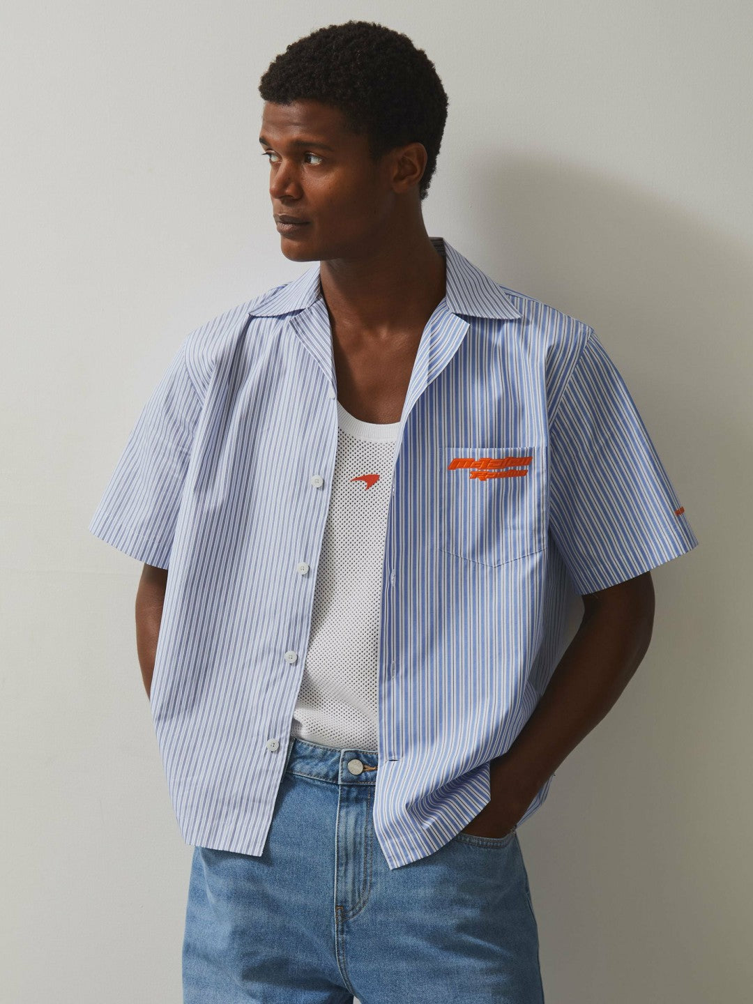 McLaren F1 Team Cuban Collar Striped Shirt in Soft Blue/White | Reiss Men Best Seller