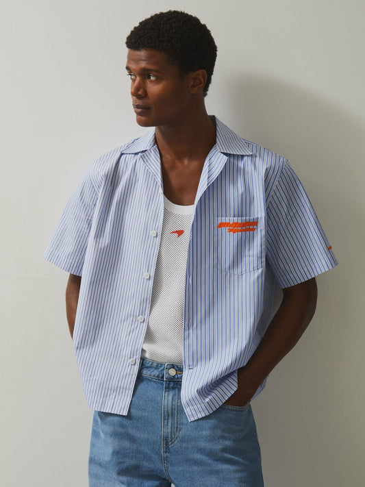 McLaren F1 Team Cuban Collar Striped Shirt in Soft Blue/White | Reiss Men Best Seller