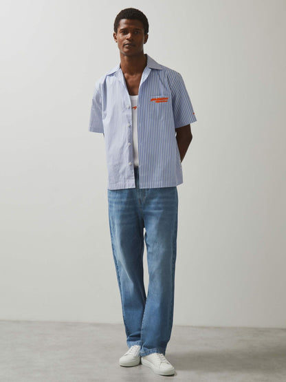 McLaren F1 Team Cuban Collar Striped Shirt in Soft Blue/White | Reiss Men Best Seller