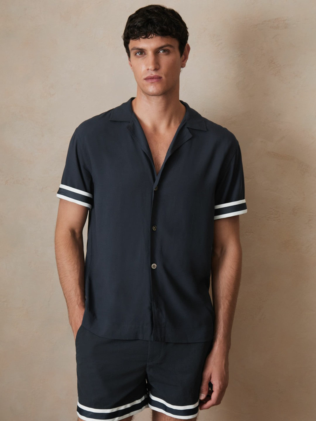 | Ché Stripe-Cuff Shirt in Navy | Reiss Men Featured