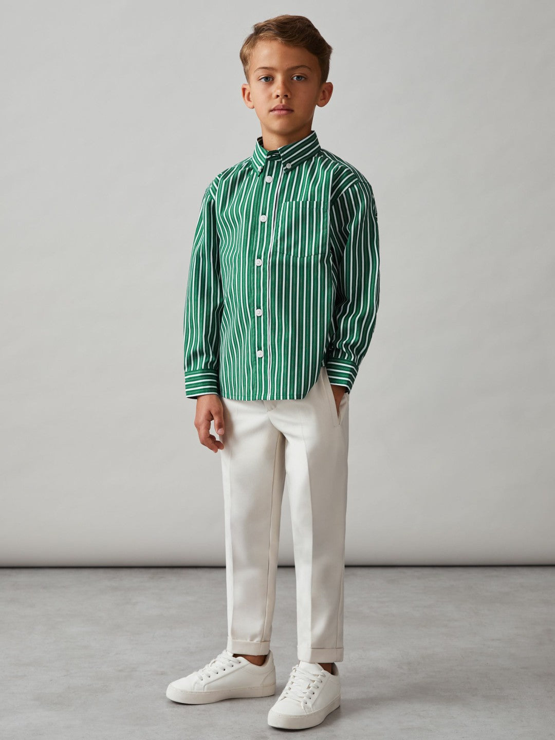 13-14 yrs Cotton-Poplin Striped Oversize Shirt in Green/White | Reiss Children & Baby Popular