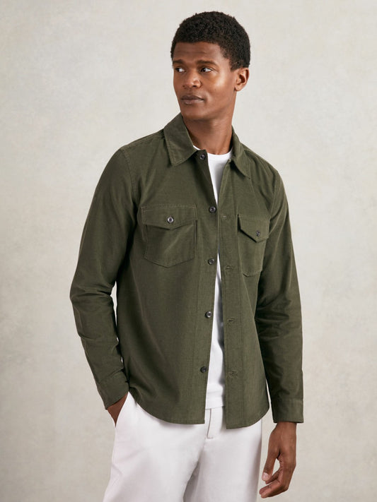 Cotton Corduroy Twin-Pocket Overshirt in Khaki Green | Reiss Men Premium