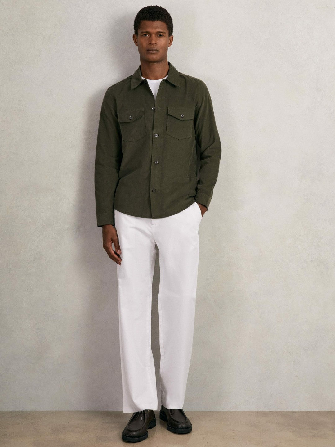 Cotton Corduroy Twin-Pocket Overshirt in Khaki Green | Reiss Men Premium
