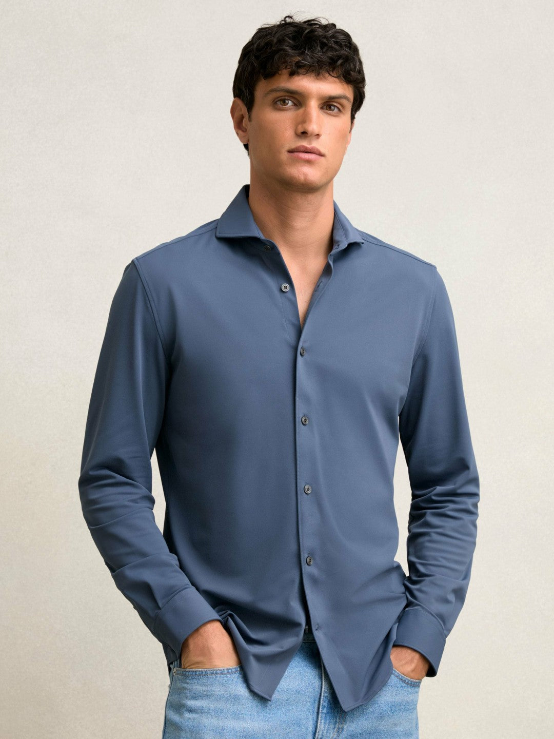 Stretch Jersey Cutaway-Collar Shirt in Dark Airforce Blue | Reiss Men Featured