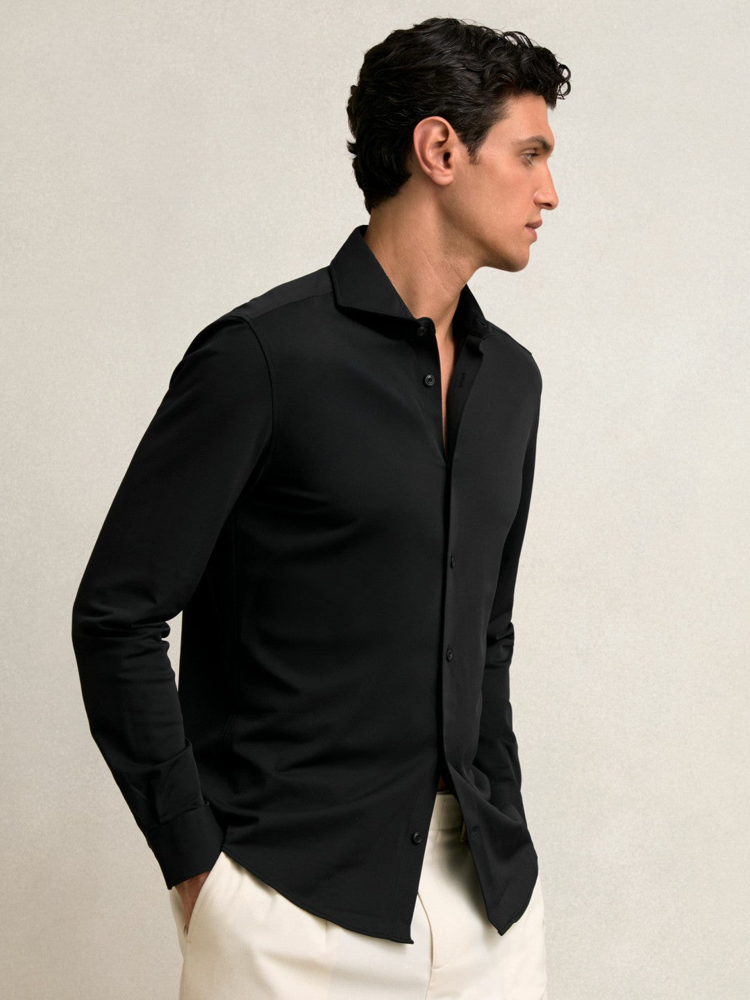 Stretch Jersey Cutaway-Collar Shirt in Black | Reiss Men Premium