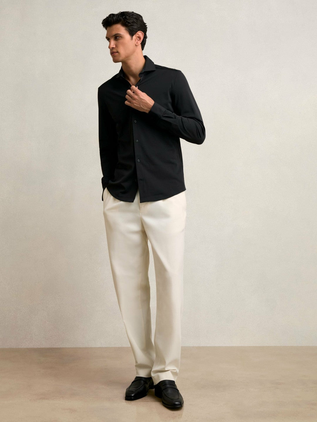 Stretch Jersey Cutaway-Collar Shirt in Black | Reiss Men Premium