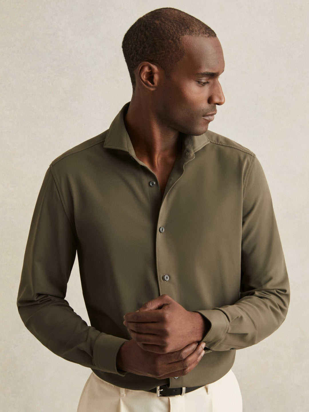 Stretch Jersey Cutaway-Collar Shirt in Olive Green | Reiss Men Signature