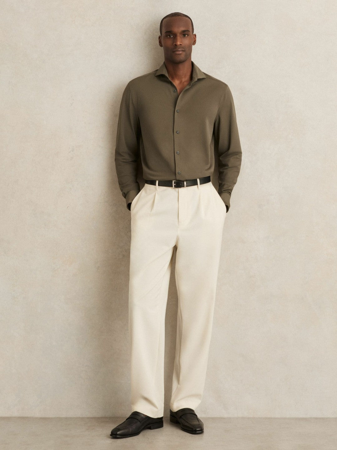 Stretch Jersey Cutaway-Collar Shirt in Olive Green | Reiss Men Signature