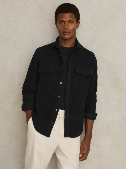 Moleskin-Cotton Twin-Pocket Overshirt in Navy | Reiss Men Exclusive