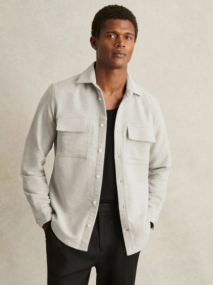 Moleskin-Cotton Twin-Pocket Overshirt in Soft Grey Melange | Reiss Men Trending