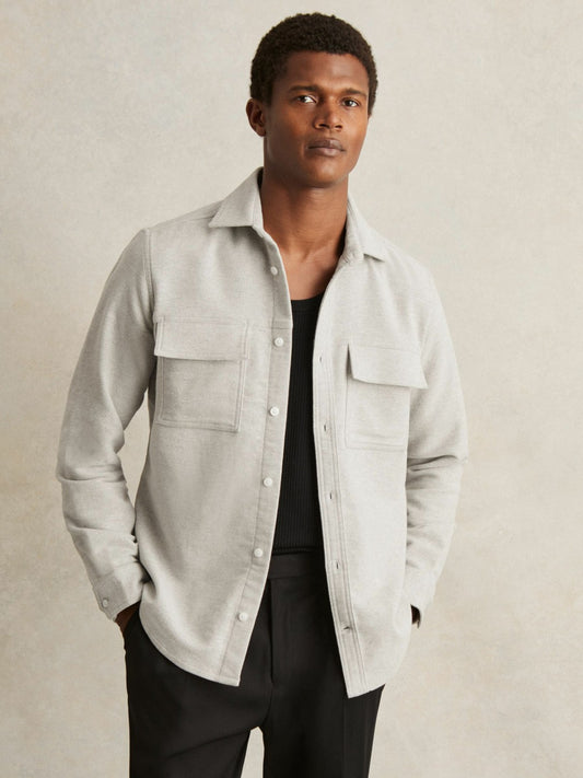 Moleskin-Cotton Twin-Pocket Overshirt in Soft Grey Melange | Reiss Men Trending