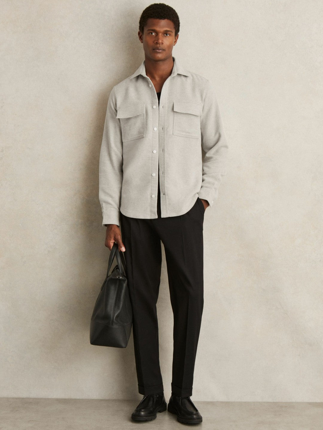 Moleskin-Cotton Twin-Pocket Overshirt in Soft Grey Melange | Reiss Men Trending