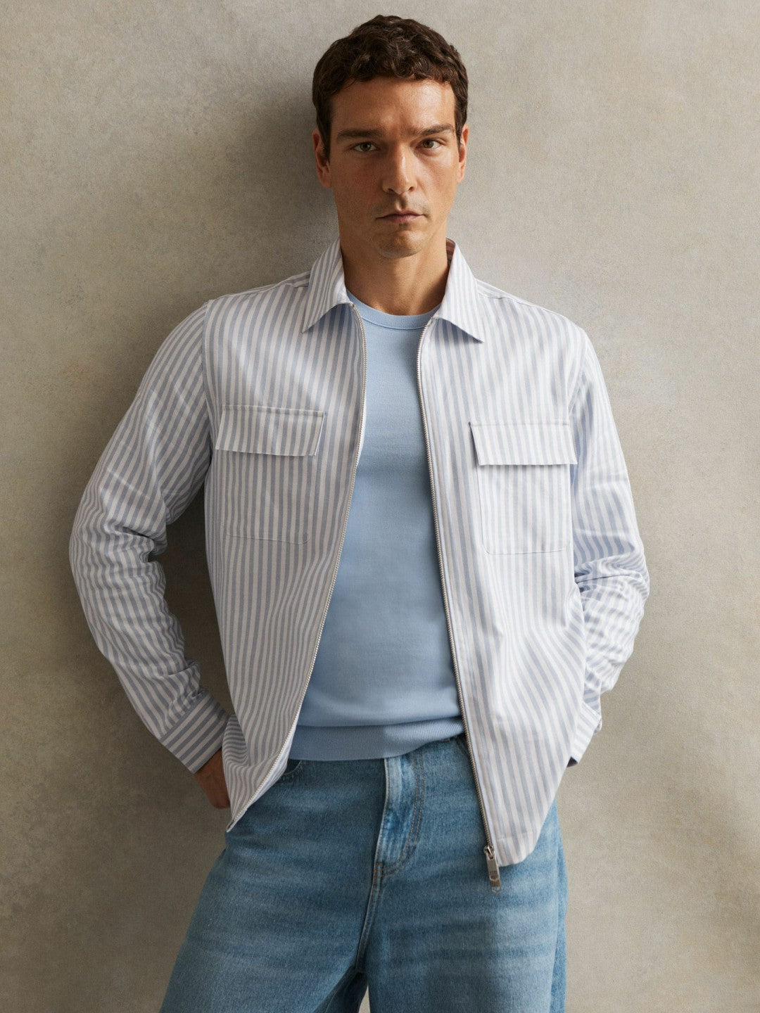 Cotton Stripe Zip-Through Shirt in White/Soft Blue | Reiss Men Popular