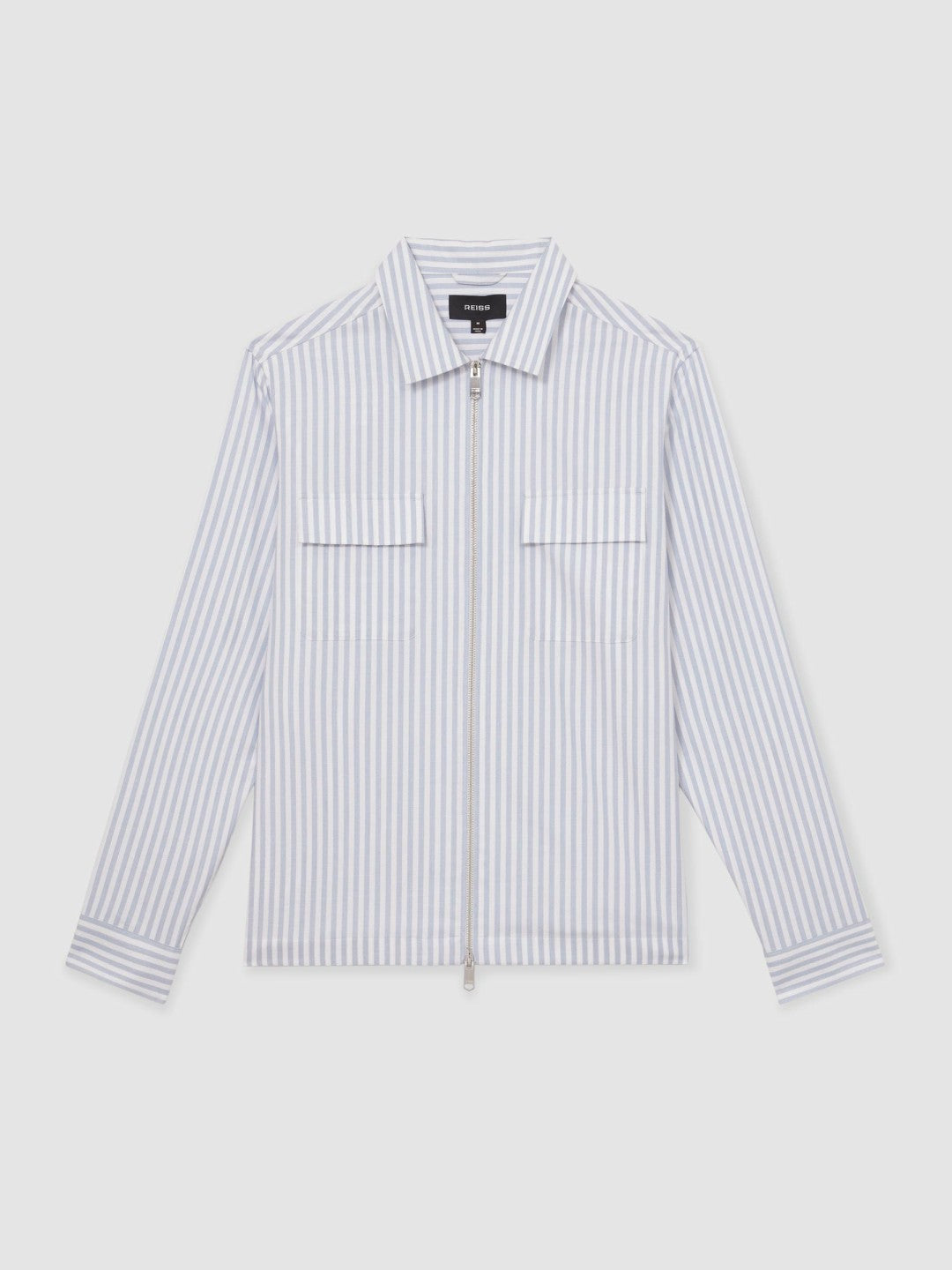 Cotton Stripe Zip-Through Shirt in White/Soft Blue | Reiss Men Popular