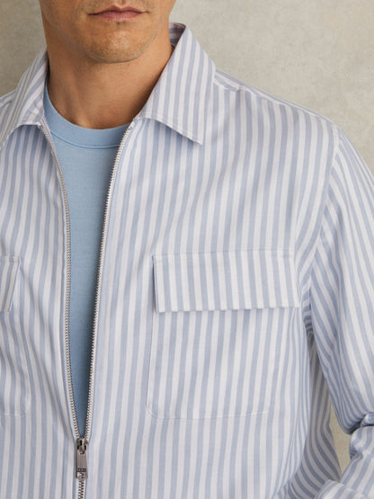 Cotton Stripe Zip-Through Shirt in White/Soft Blue | Reiss Men Popular