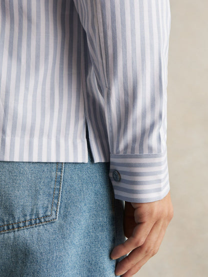 Cotton Stripe Zip-Through Shirt in White/Soft Blue | Reiss Men Popular