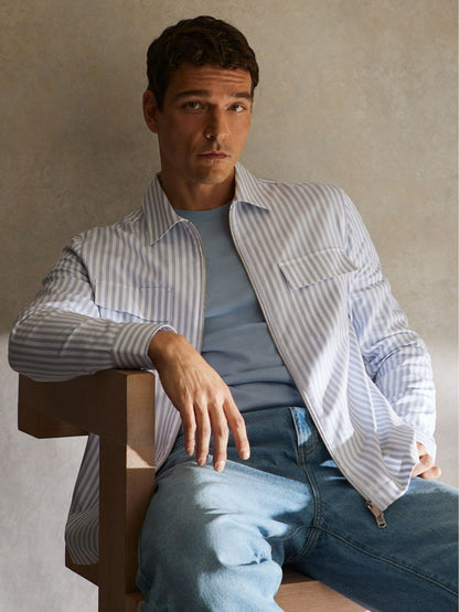 Cotton Stripe Zip-Through Shirt in White/Soft Blue | Reiss Men Popular