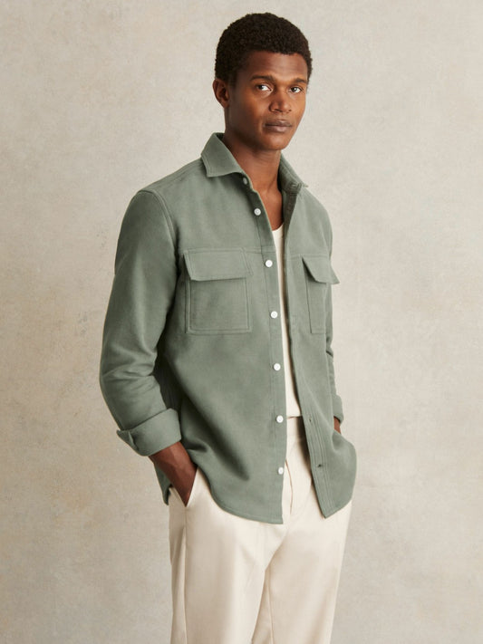 Moleskin-Cotton Twin-Pocket Overshirt in Green | Reiss Men Featured