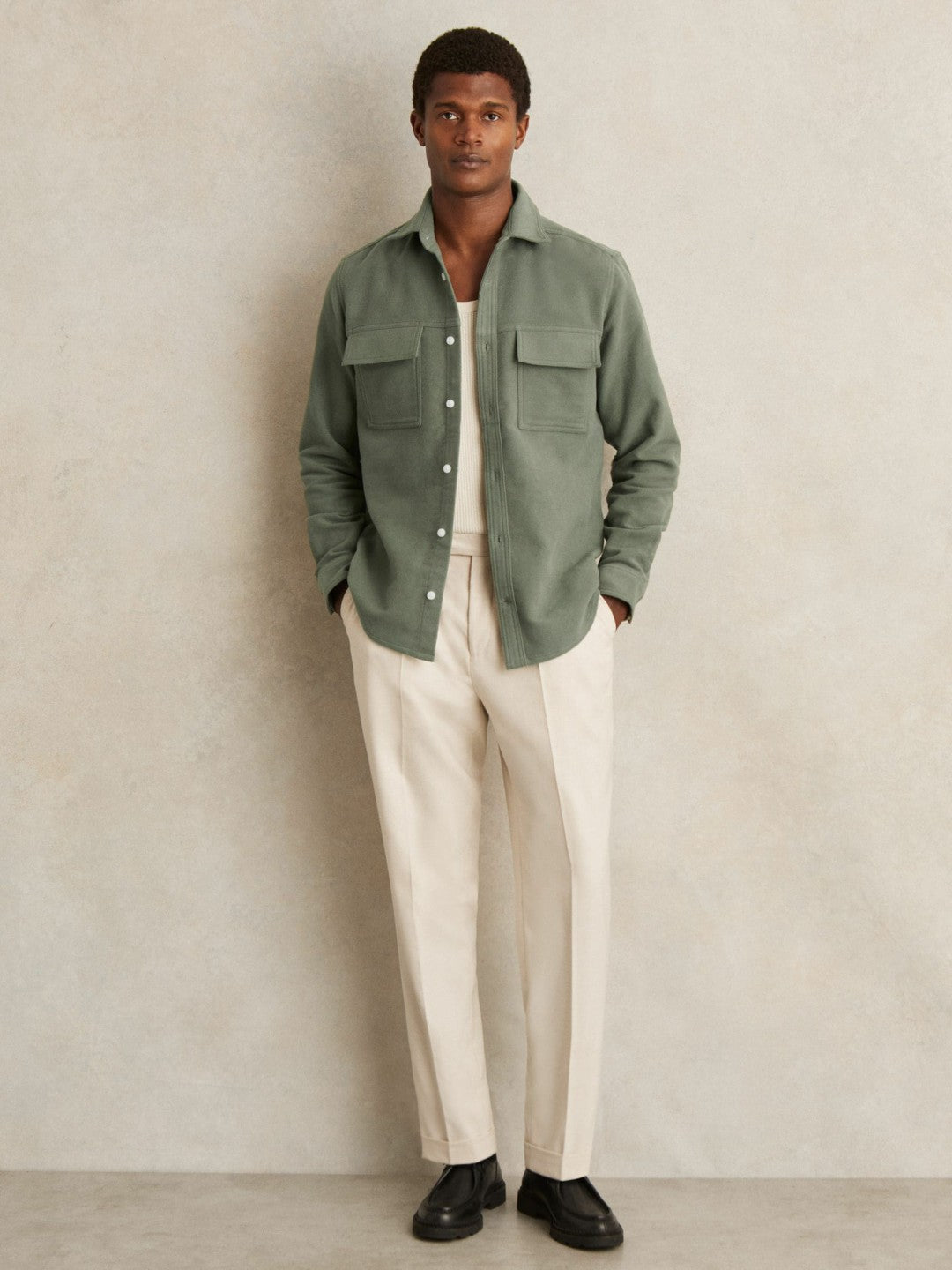 Moleskin-Cotton Twin-Pocket Overshirt in Green | Reiss Men Featured