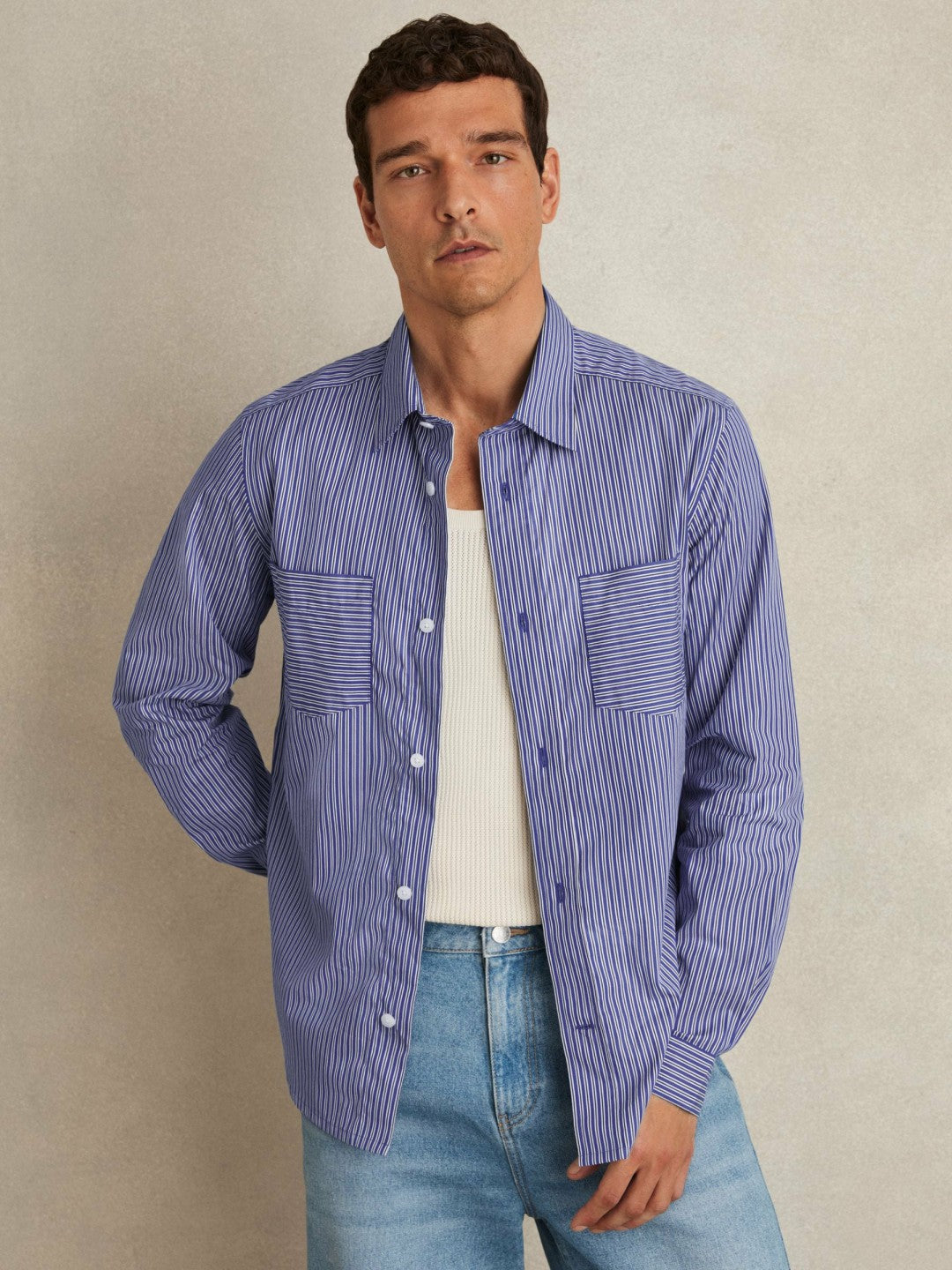 Cotton-Poplin Stripe Twin-Pocket Shirt in Blue/White | Reiss Men Exclusive